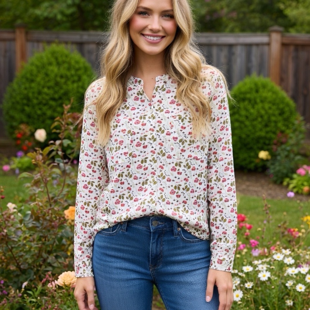 Floral Button-Up Long Sleeve Blouse - Mint Background with Magenta & Olive Print